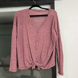 Long sleeve waffle knit tie front shirt